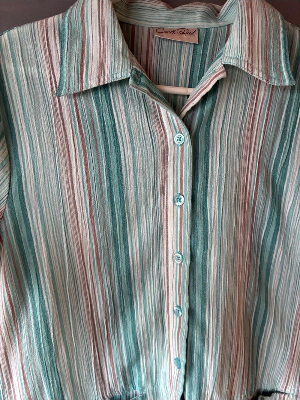 Vintage Carol Reed Boxy Striped Button Up Shirt Aqua - Linen - Picture 2 of 9